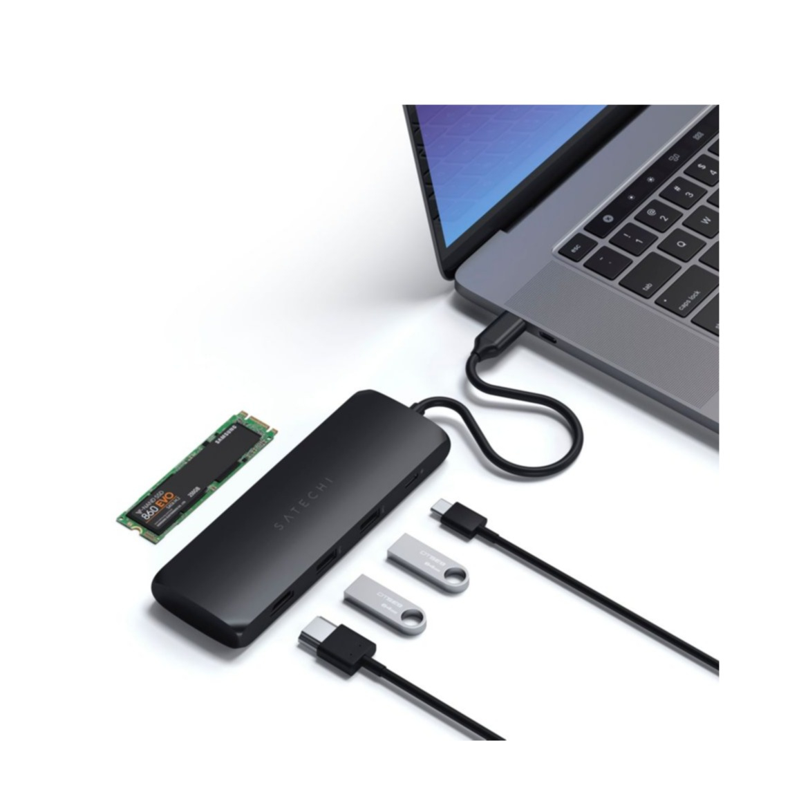 Image of Satechi - USB C Multiport Hybrid Adapter Hub mit USB C / 4K HDMI / 2x USB 3.0 / M.2 SATA SSD Kartenlesegerät mit Power Delivery (ST-UCHSEK) - Schwarz bei Apfelkiste.ch