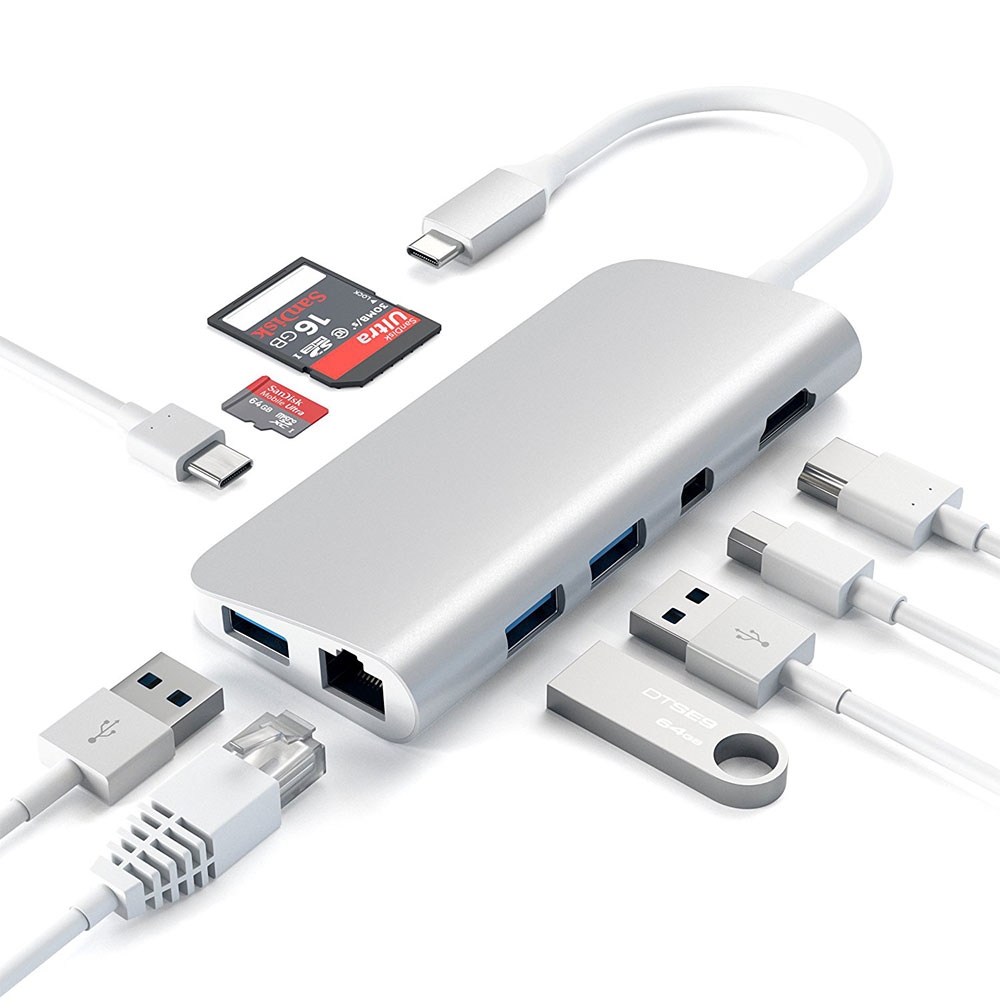 Image of Satechi - USB C Multiport Adapter 4K Mini DisplayPort MDP / USB C / HDMI / 3x USB 3.0 / Ethernet / SD/Micro-SD Kartenlesegerät (ST-TCMM8PAS) - Silber bei Apfelkiste.ch