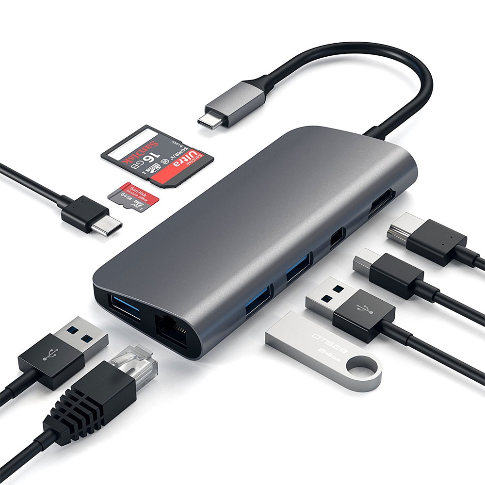 Image of Satechi - USB C Multiport Adapter 4K Mini DisplayPort MDP / USB C / HDMI / 3x USB 3.0 / LAN / SD/Micro-SD Kartenlesegerät (ST-TCMM8PAM) - Space Grau bei Apfelkiste.ch