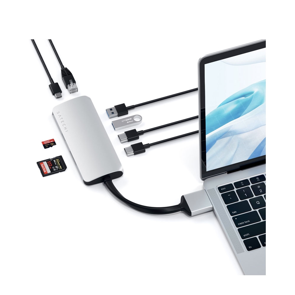 Image of Satechi - Dual USB C Multiport Pro Hub mit USB C / 2x 4K HDMI / 2x USB 3.0 / Gigabit LAN / SD- Micro SD Kartenlesegerät (ST-TCDMMAS) - Silber bei Apfelkiste.ch