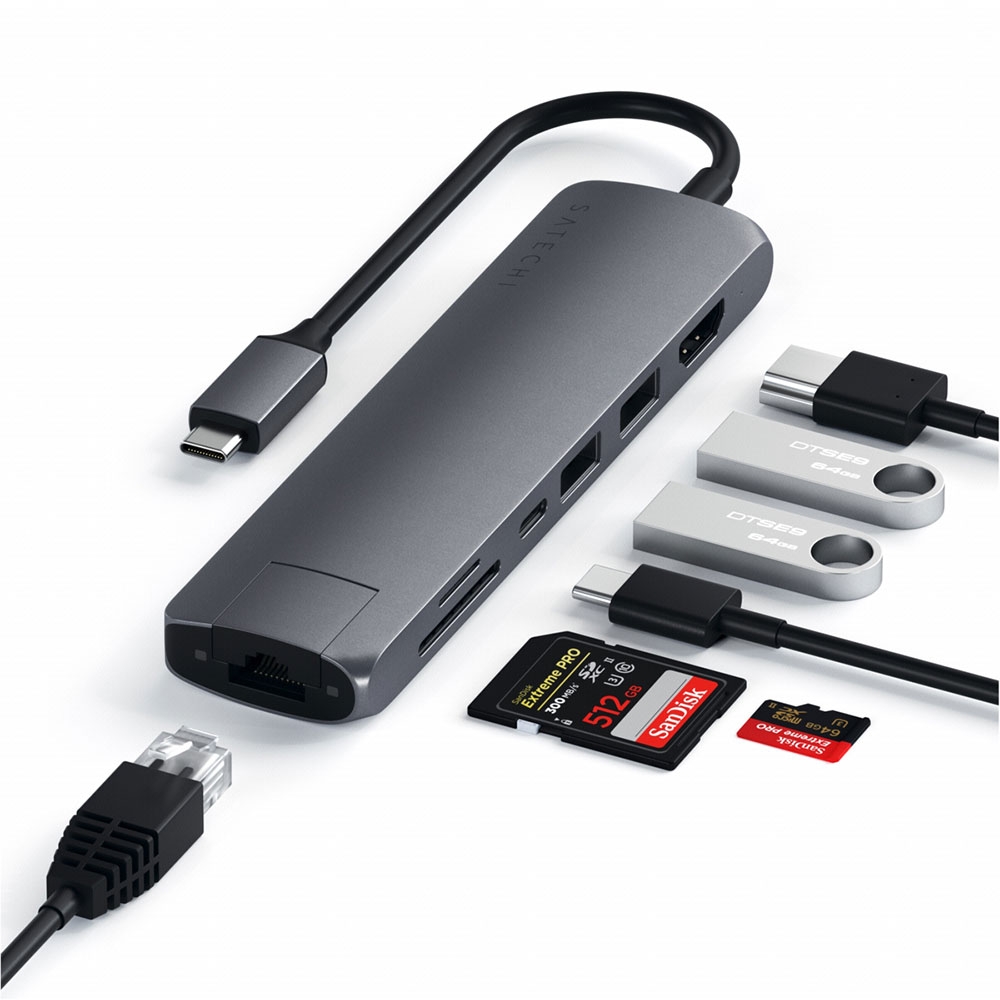 Image of Satechi - USB C Multiport Adapter Slim Hub mit USB C (PD/60W) / 4K HDMI / 2x USB 3.0 / Gigabit LAN / SD & Micro SD (ST-UCSMA3M) - Space Grau bei Apfelkiste.ch