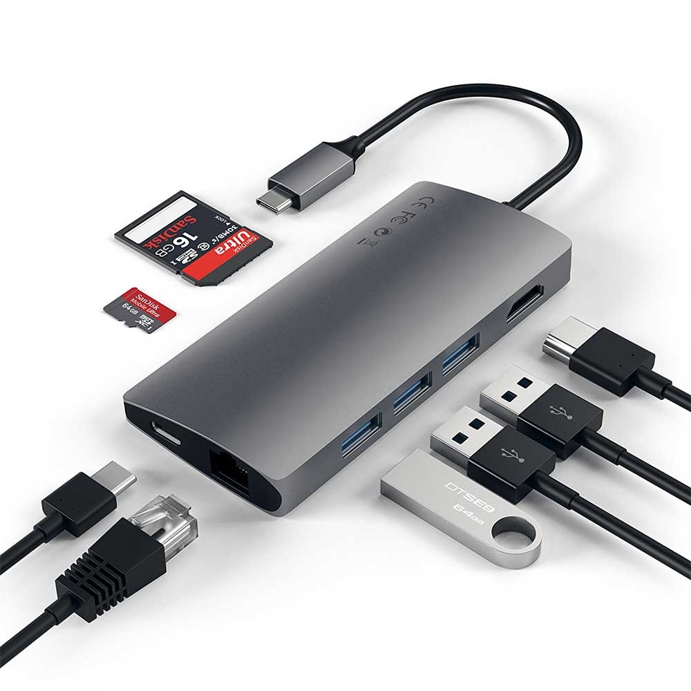 Image of Satechi - USB C Multiport Adapter V2 Hub mit USB C / 4K HDMI / 3x USB 3.0 / Ethernet / Micro SD Kartenlesegerät (ST-TCMA2M) - Space Grau bei Apfelkiste.ch