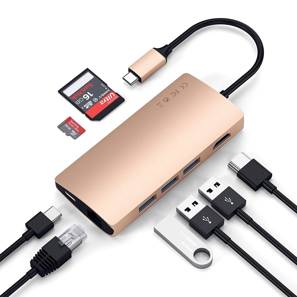 Image of Satechi - USB C Multiport Adapter V2 Hub mit USB C / 4K HDMI / 3x USB 3.0 / Ethernet / Micro SD Kartenlesegerät (ST-TCMA2G) - Roségold bei Apfelkiste.ch