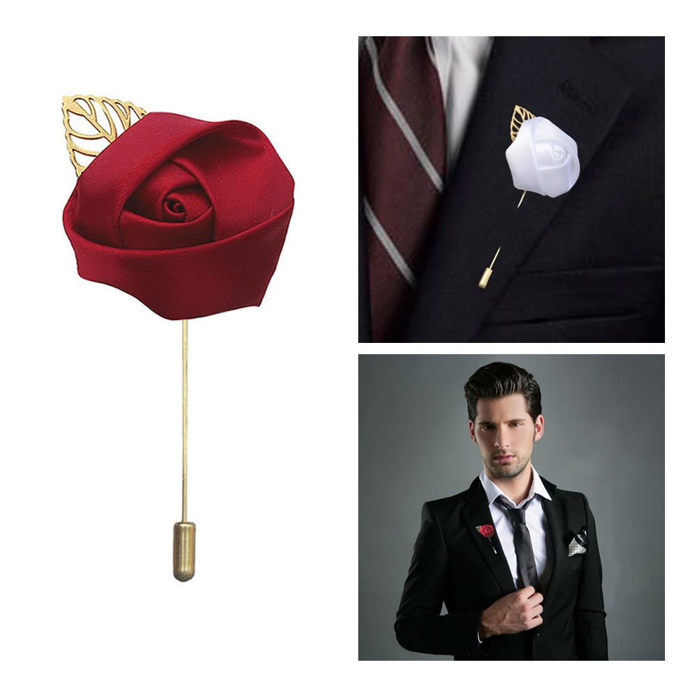 Image of Satin Bräutigam Bouton Corsage Rosen Anstecker Accessoire - Rot / Gold bei Apfelkiste.ch