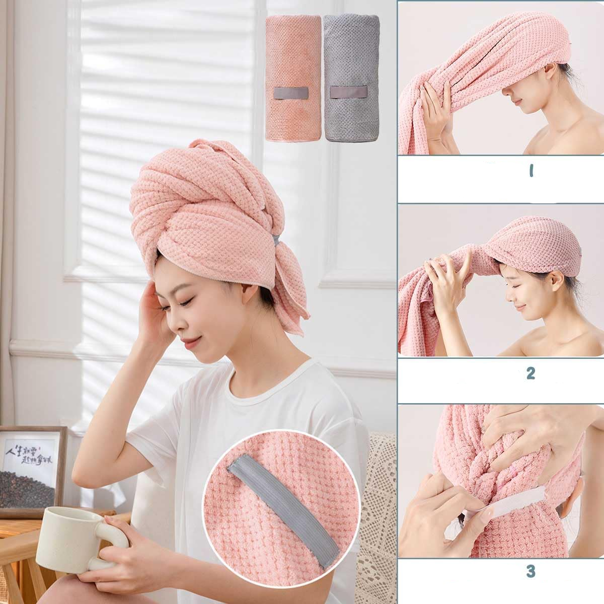 MABAO Mikrofaser-Haarhandtuch Für Frauen – Schnelltrocknendes Haarturban, Grau/kamel, Für Lockiges & Langes Haar