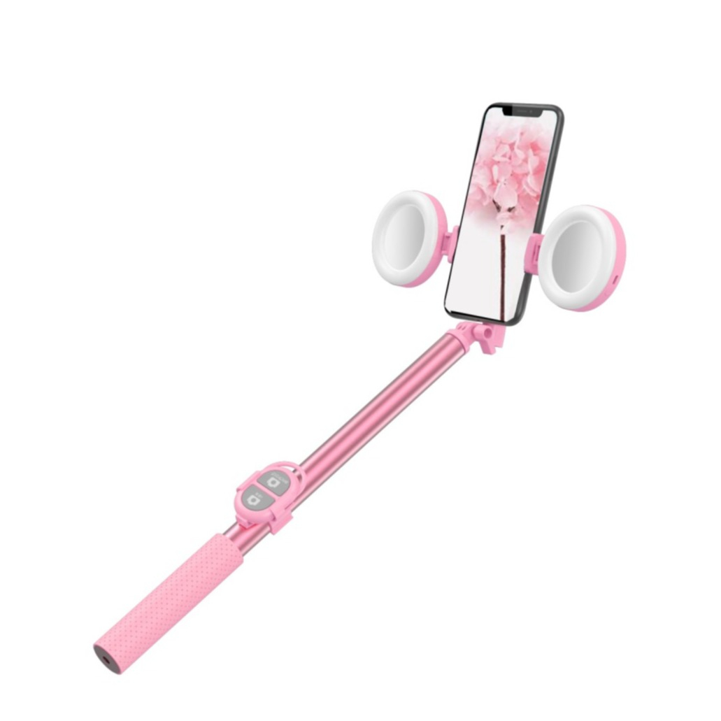 Image of (170cm) Professionelle Bluetooth Selfie Teleskop Smartphone Halterung mit Stativ + LED Ringleuchte für YouTuber / Influencer - Rosa bei Apfelkiste.ch
