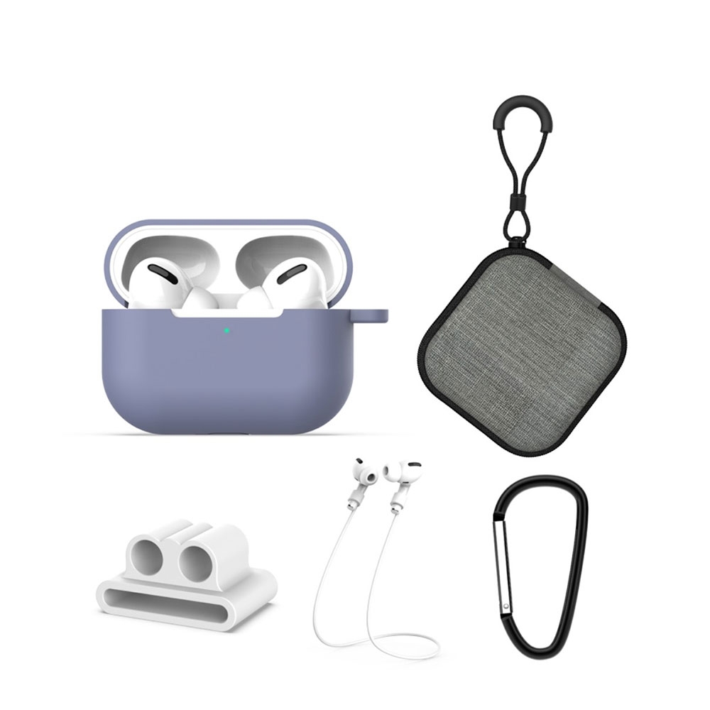 Image of 5in1 AirPods Pro Silikon Schutzhülle + Watch Halterung + Karabinerhaken + Straps + Tasche - Lila (Matt) bei Apfelkiste.ch