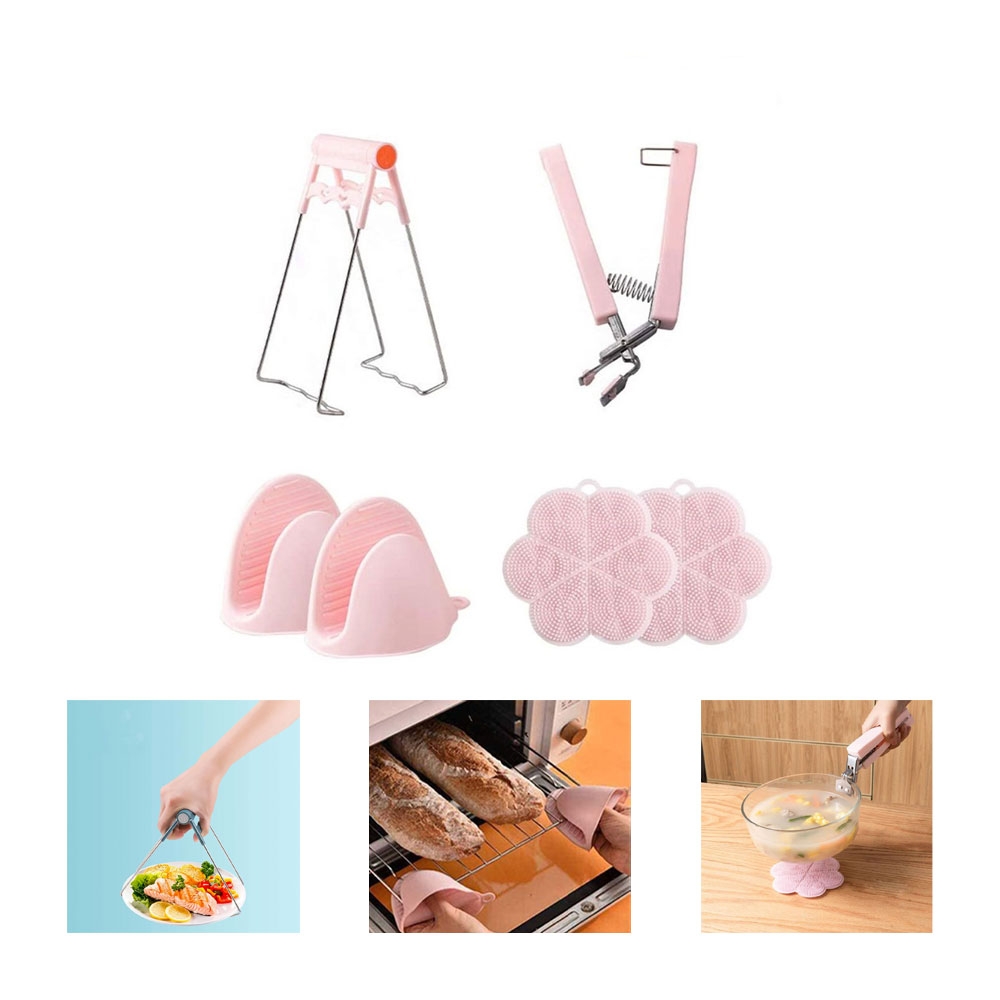 (6-tlg. Set) Hitzebeständiges Silikon Küchen Set mit Topflappen / Ofenhandschuhen / Untersetzer / Topf und Tellerzange - Rosa