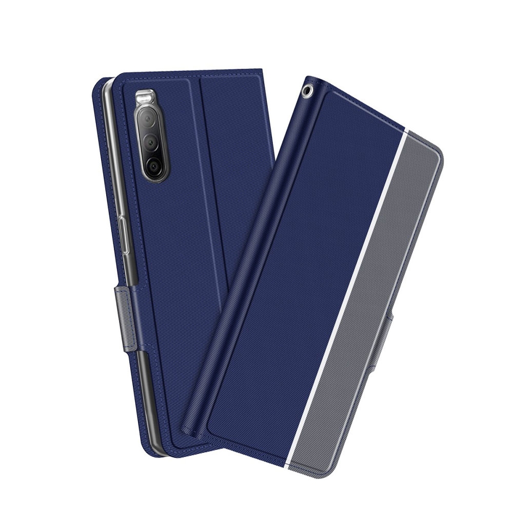 Image of Sony Xperia 10 II Flip Cover Wallet Leder Tasche mit Kartenfächern Dual Color - Dunkelblau / Grau bei Apfelkiste.ch