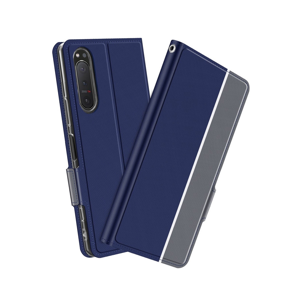 Image of Sony Xperia 5 II Flip Cover Wallet Leder Tasche mit Kartenfächern Dual Color - Dunkelblau / Grau bei Apfelkiste.ch