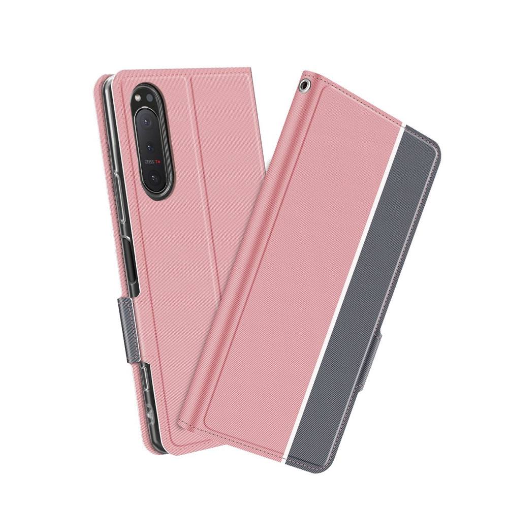 Image of Sony Xperia 5 II Flip Cover Wallet Leder Tasche mit Kartenfächern Dual Color - Rosa / Grau bei Apfelkiste.ch