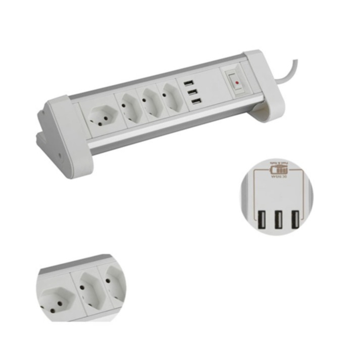 Image of (2m) Schönenberger Elektro - Alu Tisch-Steckdosenleiste mit 4 Steckdosen und 3 x USB 3.4A (85.831.4AL) - Weiss bei Apfelkiste.ch