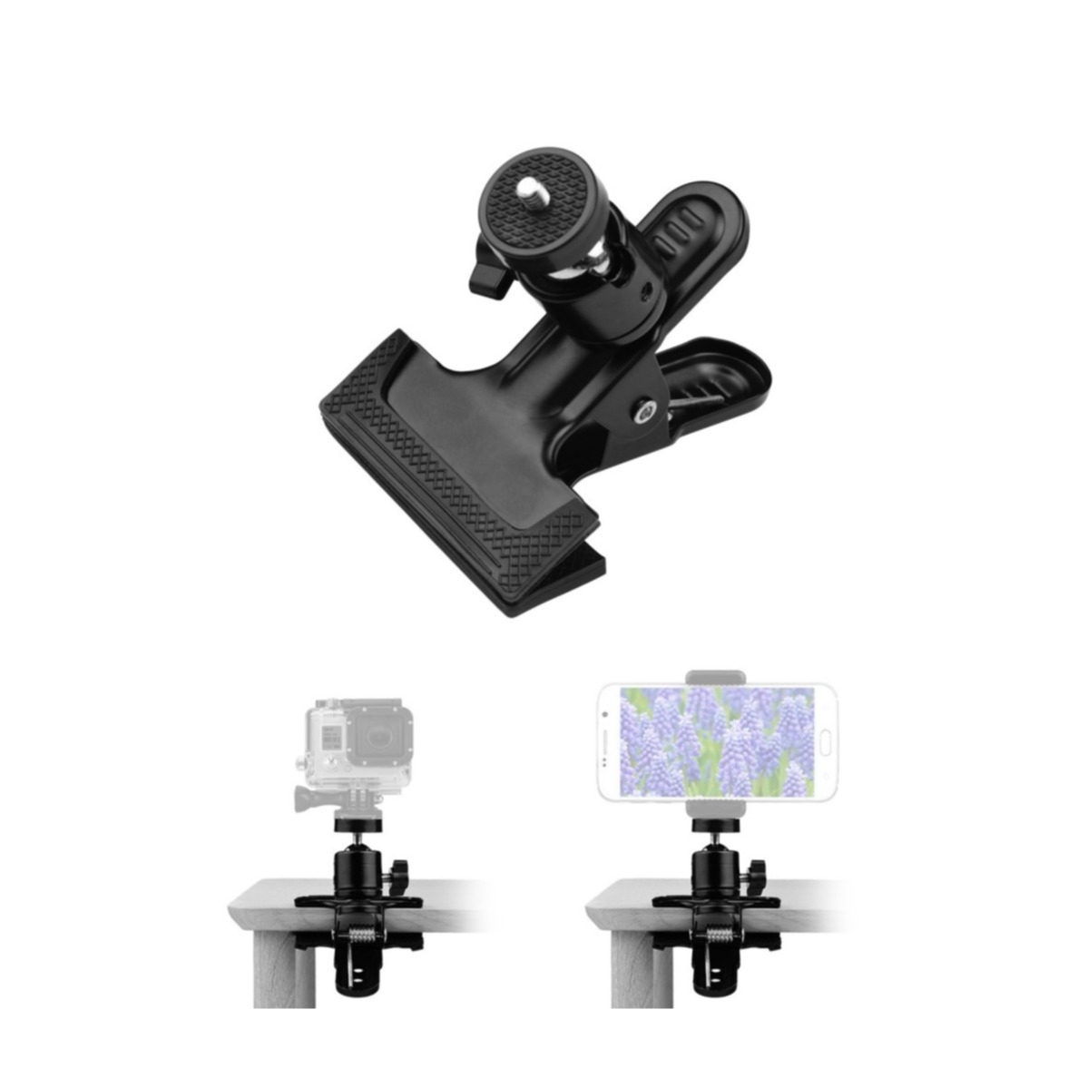 Image of Universal Stativ Klemmhalterung Klammer mit 1/4" Gewinde und 360 Grad Kugelgelenk für GoPro / Digitalkameras - Schwarz bei Apfelkiste.ch