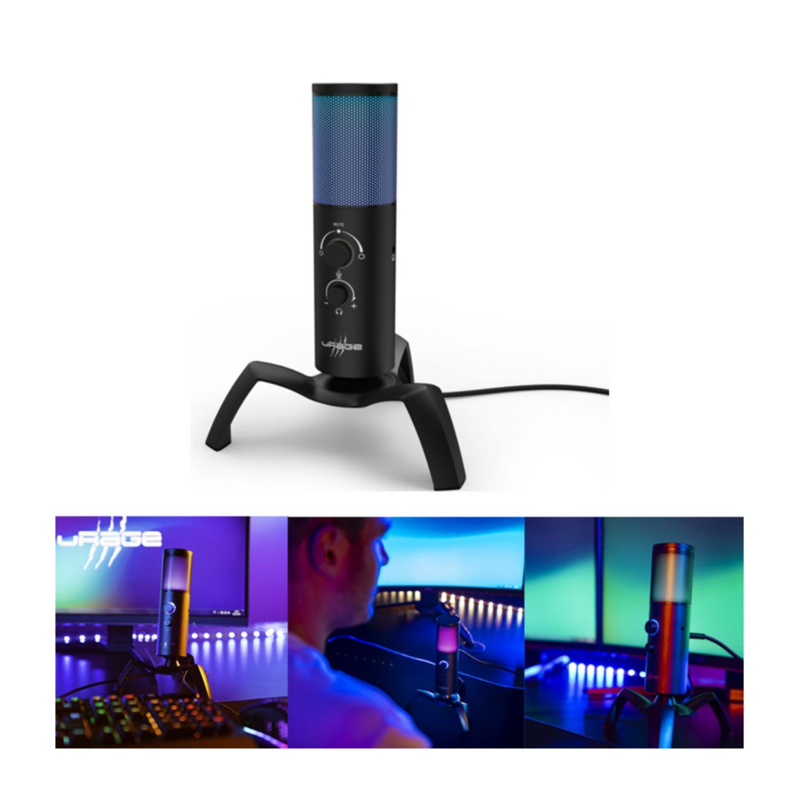 Image of Urage - Stream 750 HD Illuminated Studio Streaming Cardioid USB Mikrofon + Dreibein Stativ Standfuss und RGB Beleuchtung (00186059) - Schwarz bei Apfelkiste.ch