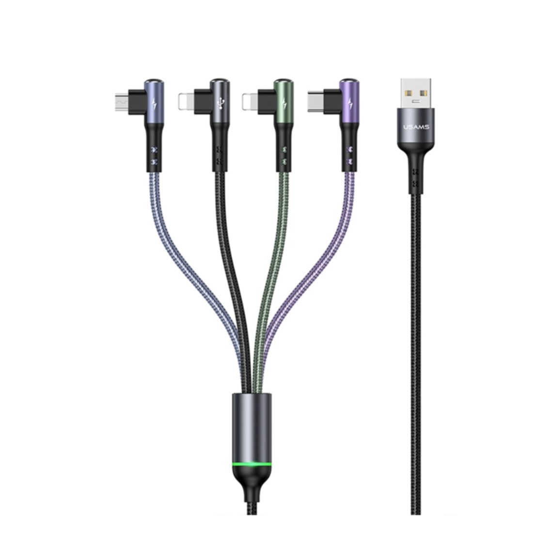 Image of USAMS - (1.2m) 4in1 USB Nylon Ladekabel Dual Lightning / USB C / Micro USB 90 Grad Winkel Datenkabel - Bunt bei Apfelkiste.ch