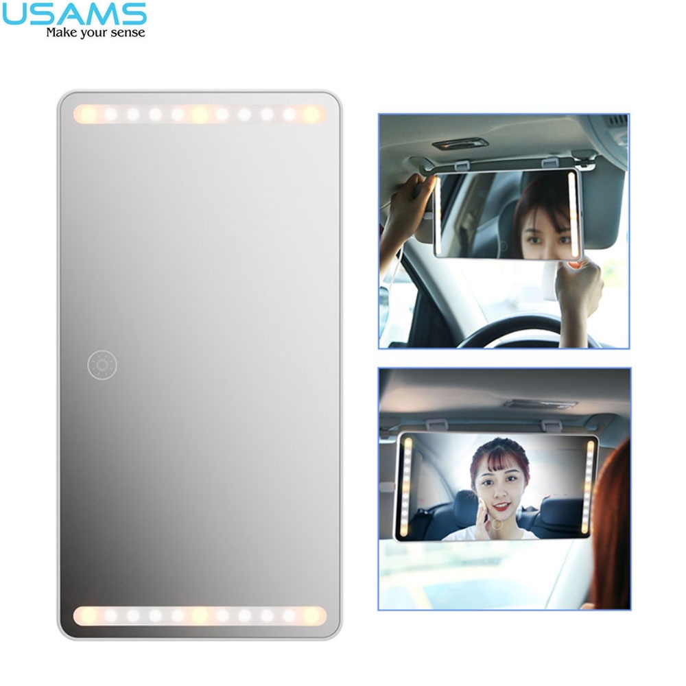 USAMS - Clip On Auto Sonnenblende Schminkspiegel mit LED Beleuchtung + Touch Steuerung (Dimmbar) - Weiss