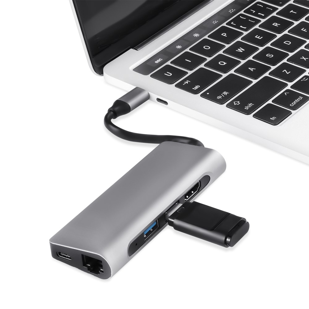 USB C Multiport Adapter mit USB C (PD 3.0) / 4K HDMI / 2x USB 3.0 / Gigabit Ethernet LAN / SD- Micro SD Kartenlesegerät - Dunkelgrau (Space Grau)