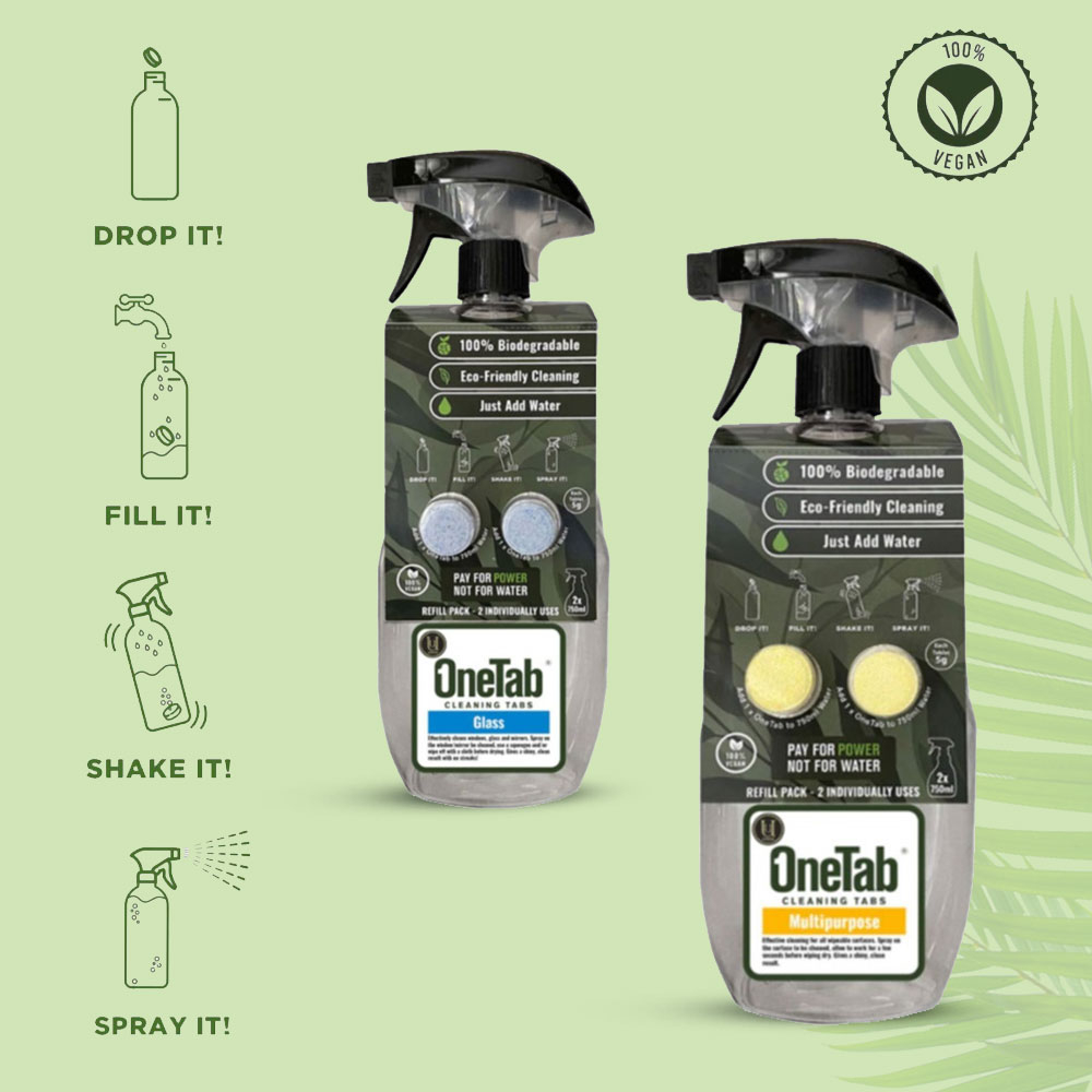 Image of Uunique - (2er Set) 750ml Starterpack Sprühflasche + OneTab Nachfüll Tabs 100% Vegan - Glasreinigung / Mehrzweckreinigung bei Apfelkiste.ch
