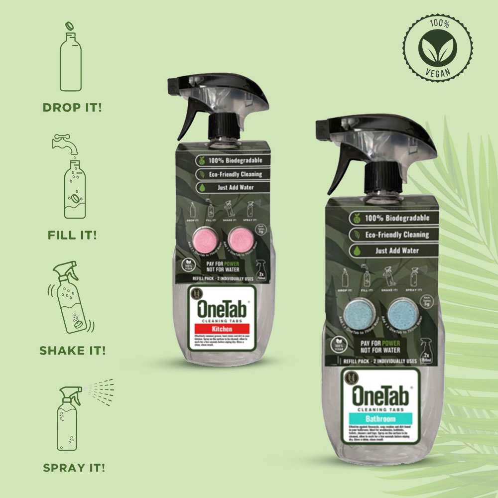 Image of Uunique - (2er Set) 750ml Starterpack Sprühflasche + OneTab Nachfüll Tabs 100% Vegan - Küchenreinigung / Badreinigung bei Apfelkiste.ch