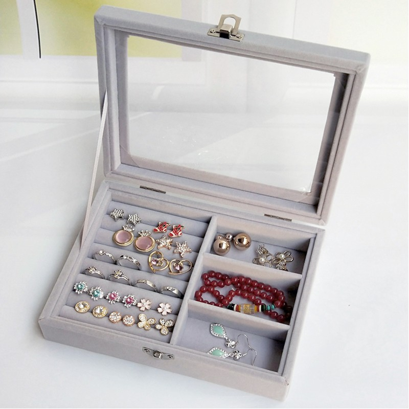 Image of Velour Schmuckschatulle mit Glasdeckel Aufbewahrungsbox Organizer für Ringe / Halskette / Ohrenring / Armbänder - Grau bei Apfelkiste.ch