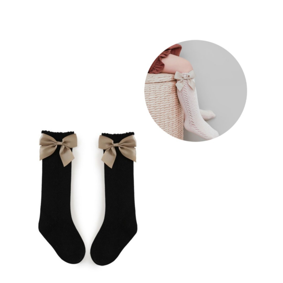 Image of (1 Paar) Baumwoll Socken Kinder Füsslinge mit Schleife (One Size) - Schwarz / Gold bei Apfelkiste.ch