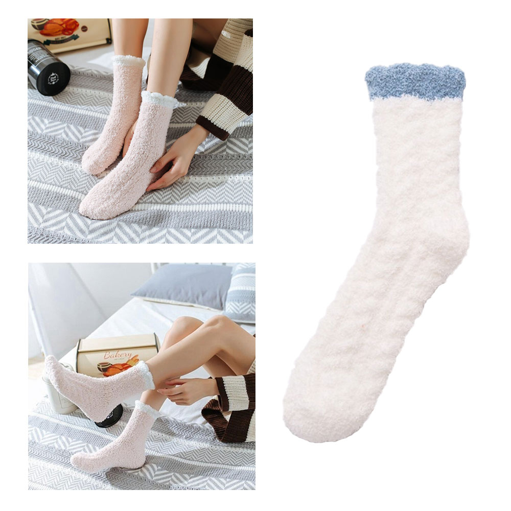 Image of (1 Paar) Damen Kuschel Socken Wintersocken Füsslinge Flauschige Bettsocken (One Size) - Weiss / Blau bei Apfelkiste.ch