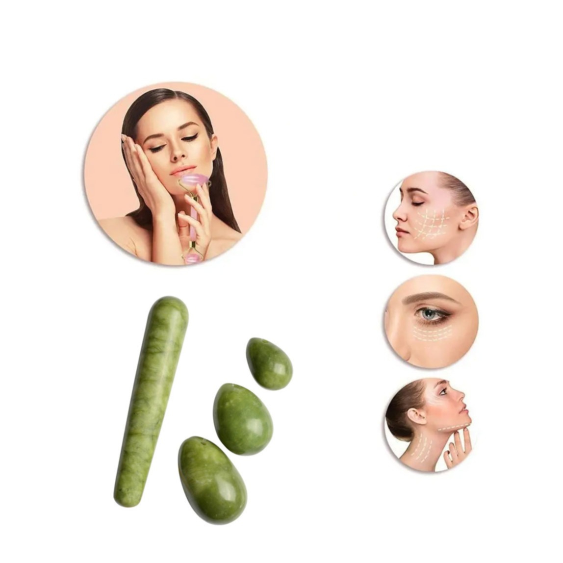 Image of (4-tlg. Set) Anti-Aging Gesichts Massageroller Anti-Falten Jade Eier - Grün bei Apfelkiste.ch