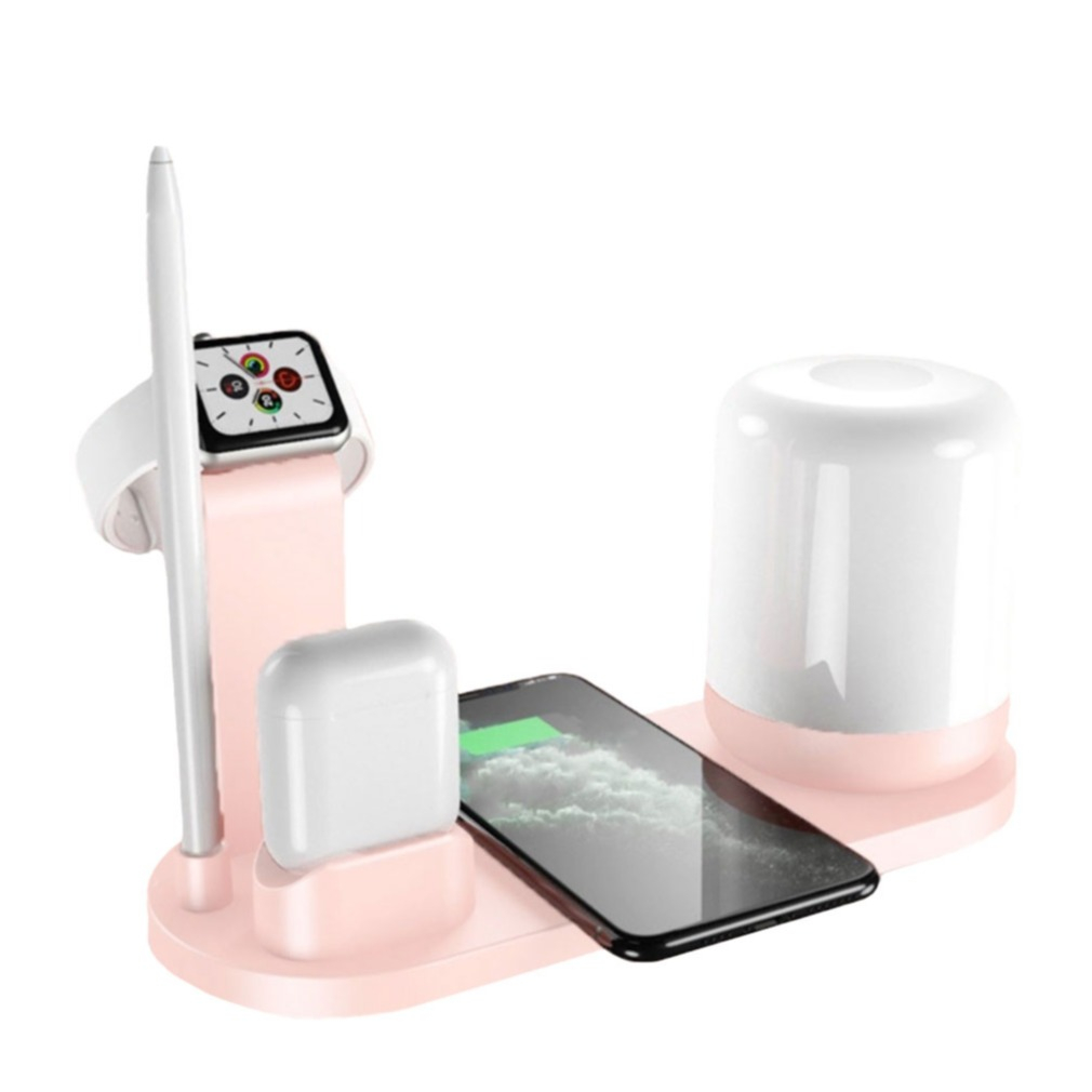Image of 5in1 Qi Wireless Tisch Ständer Dockingstation für iPhone / AirPods / Apple Watch / Apple Pencil + Nachtlicht - Rosa bei Apfelkiste.ch