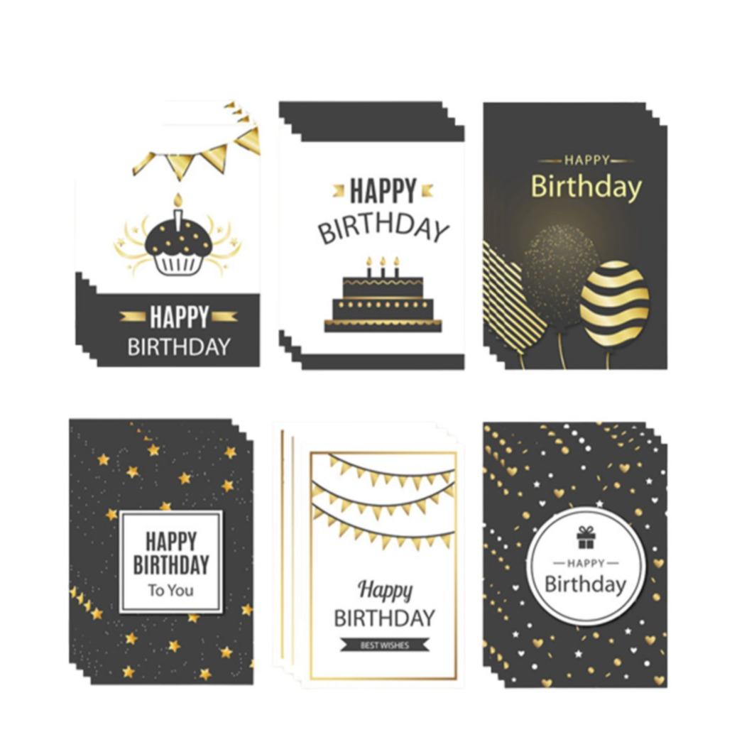 Image of (72-tlg. Set) Glückwunschkarten Geburtstags Doppelkarten mit Sticker + Umschläge - Schwarz / Gold bei Apfelkiste.ch