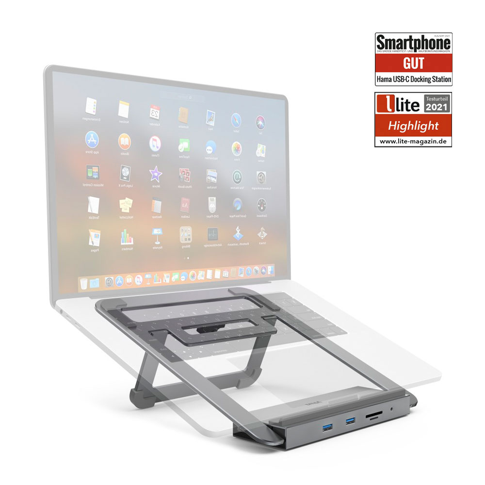 Image of Hama - 12in1 Alu USB C Dockingstation Halterung USB C (PD) / 4x USB 3.2 / 2 x 4k HDMI / VGA / LAN / Micro-SD Card Reader / 3.5mm AUX (00200106) - Grau bei Apfelkiste.ch
