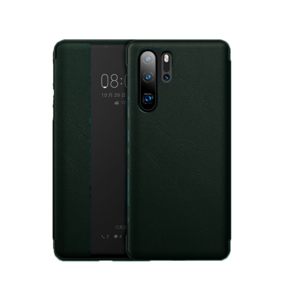 Image of Huawei P30 Pro New Edition / P30 Pro Echtleder Tasche Smart View Flip Cover - Schwarz / Grün bei Apfelkiste.ch