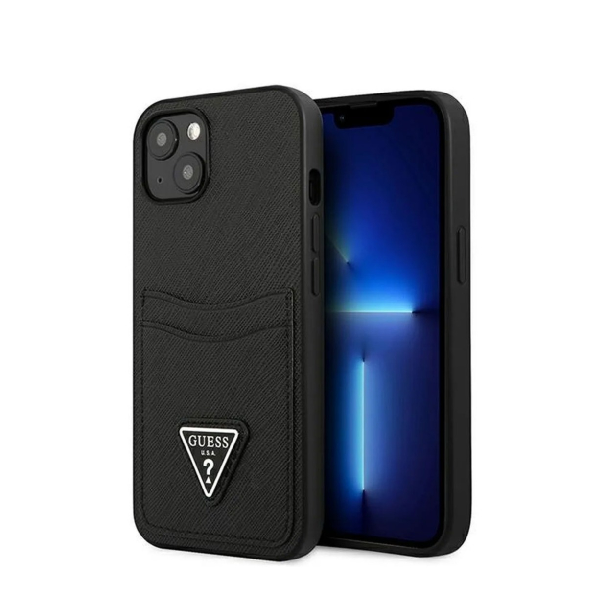 Image of Guess - iPhone 13 Leder Saffiano Hardcase Hülle mit Kartenfach (GUHCP13MPSATPK) - Schwarz bei Apfelkiste.ch