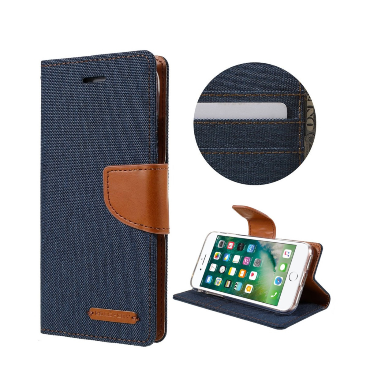 Image of Mercury Goospery - iPhone SE (2022/2020) / 8 / 7 Stoff Tasche Karten Etui Canvas Diary - Dunkelblau / Braun bei Apfelkiste.ch