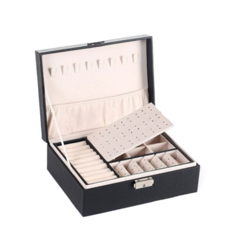 Image of Leder Schmuckschatulle mit Schloss Aufbewahrungsbox Organizer für Ringe / Halskette / Ohrenring / Armbänder - Schwarz bei Apfelkiste.ch