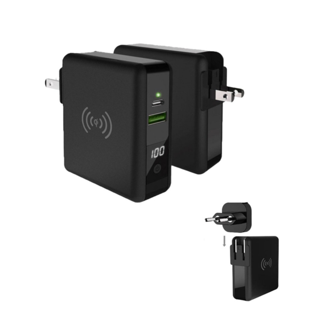 Image of Uunique - 3in1 (8000mAh) Qi Wireless Power Bank mit USB C (PD 3.0) USB (QC 3.0) 18W/3A Fast Charge Ladegerät + 3 Reise Stecker (EU/UK/US) - Schwarz bei Apfelkiste.ch