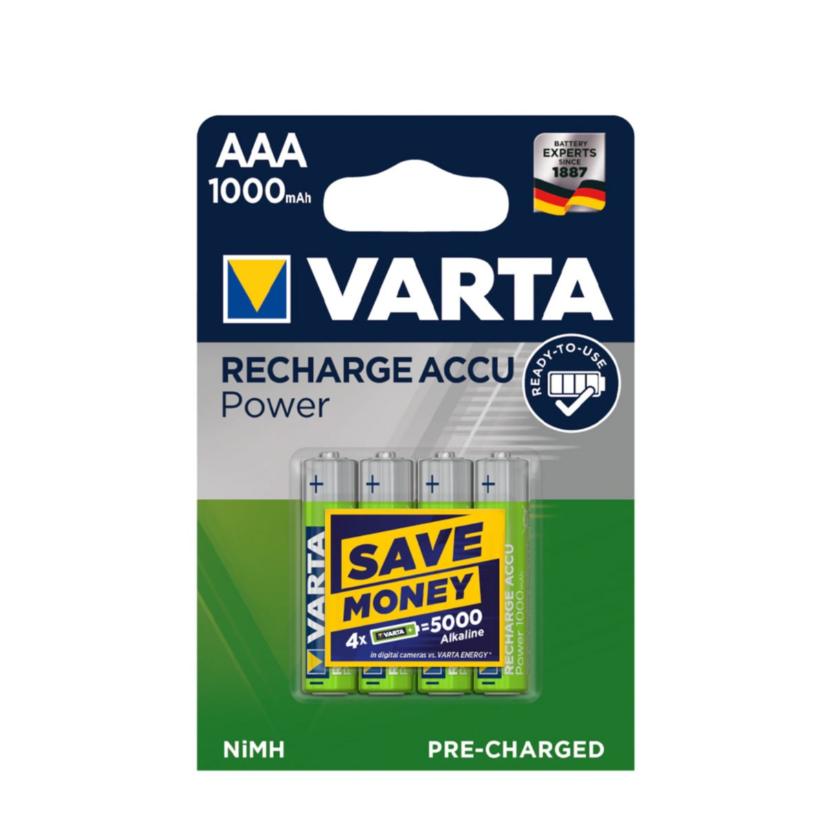 Image of Varta - 4er Pack Wiederaufladbare 1.2 Volt Power 1000mAh NiMH HR03 Akku Batterie AAA bei Apfelkiste.ch