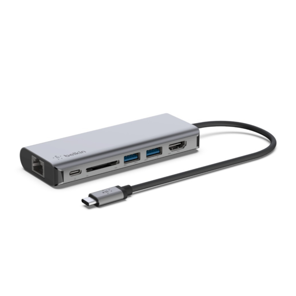 Image of Belkin - 6in1 USB C Multiport Adapter mit USB C / 4K HDMI / 2x USB 3.0 / LAN / SD Kartenlesegerät mit Power Delivery (AVC008btSGY) - Grau bei Apfelkiste.ch