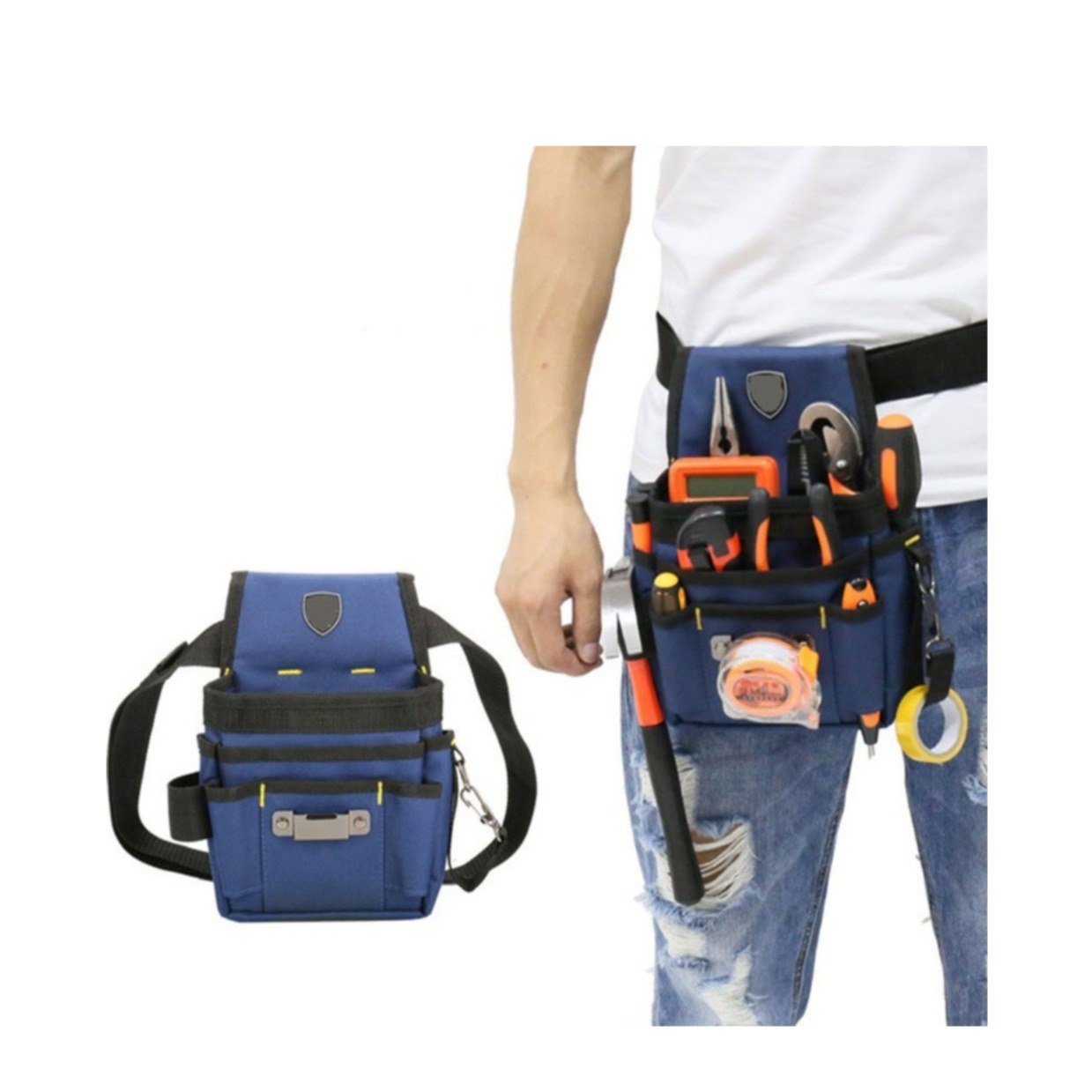 Image of (25.5x20cm) Werkzeug Gürtel Montagetasche Bauchtasche Grössenverstellbar 8 Fächer + Massband Halterung - Blau bei Apfelkiste.ch