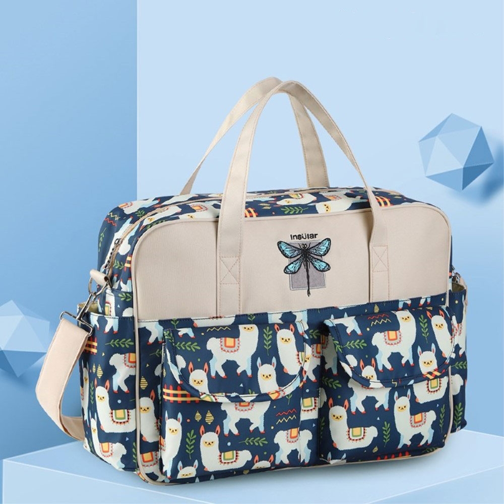 Image of (44x34cm) Wickeltasche Kinderwagen Organizer Nylon Tasche mit 10 Aufbewahrungsfächer + Wickelunterlage - Lama (Blau) bei Apfelkiste.ch