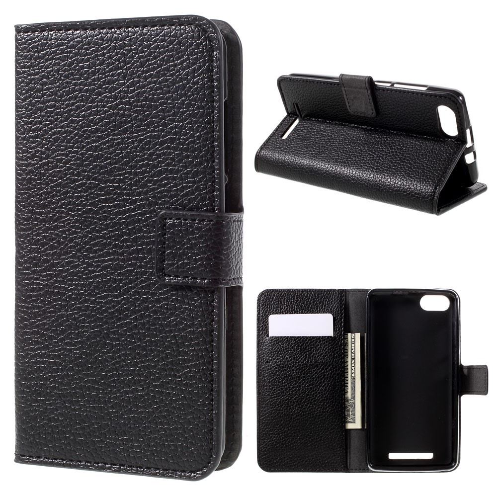 Wiko Lenny 3 Leder Tasche Hülle Karten Etui Litchi Look - Schwarz