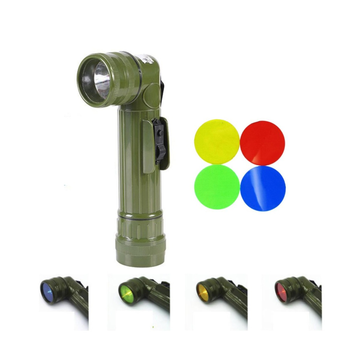 Image of (5-tlg. Set) Winkel Taschenlampe Militär LED Licht mit Farbfiltern + Gürtelclip (Batteriebetrieben) - Olive Drab bei Apfelkiste.ch