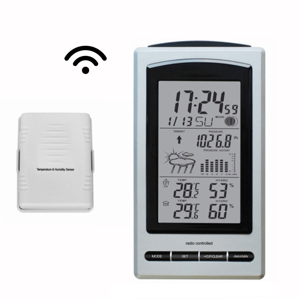 Image of Wireless Wecker Funk Wetterstation Digital Thermometer Hygrometer Indoor / Outdoor + Aussensensor - Schwarz bei Apfelkiste.ch