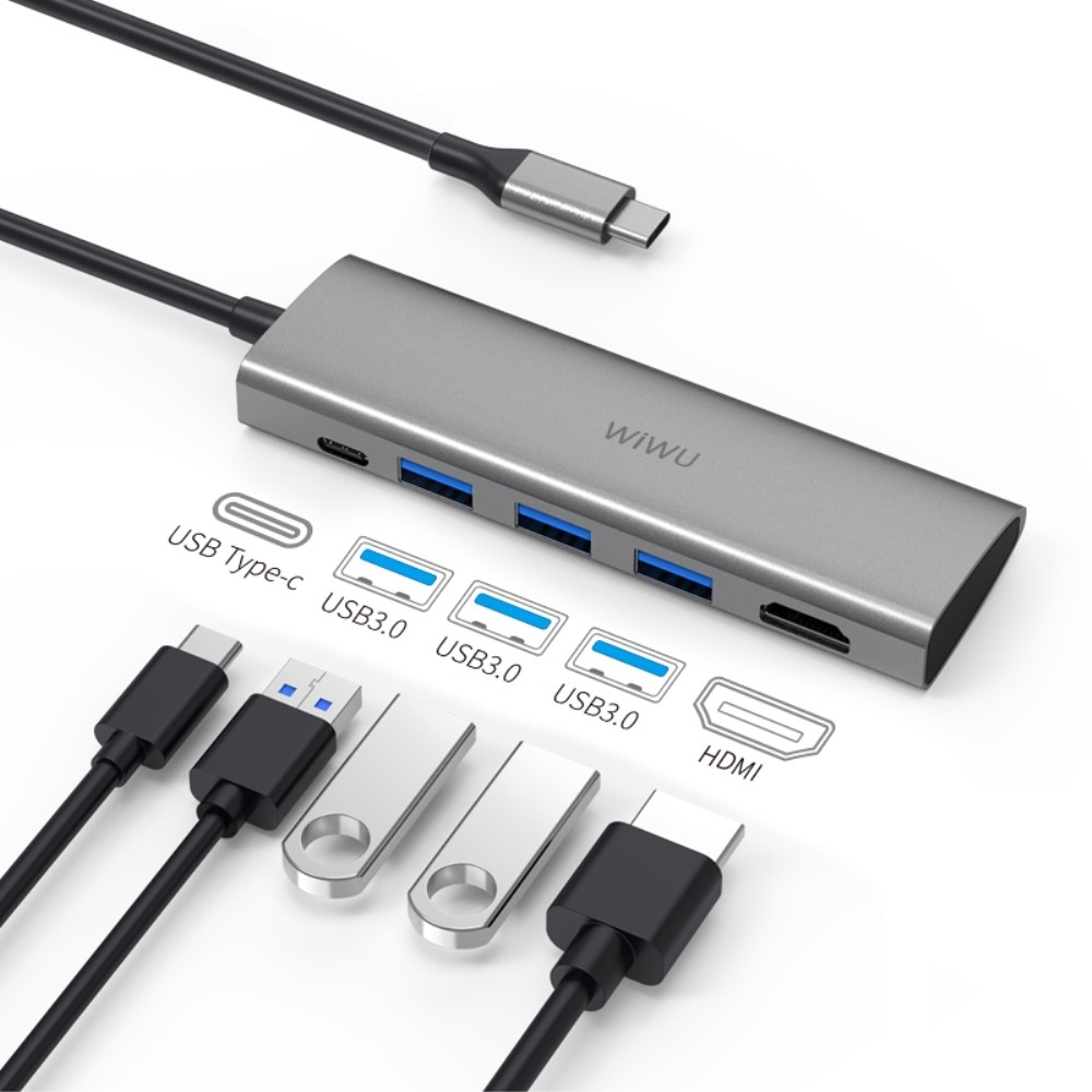 Image of Wiwu - USB C Multiport Adapter mit USB C / 4K HDMI / 3x USB 3.0 - Dunkelgrau (Space Grau) bei Apfelkiste.ch