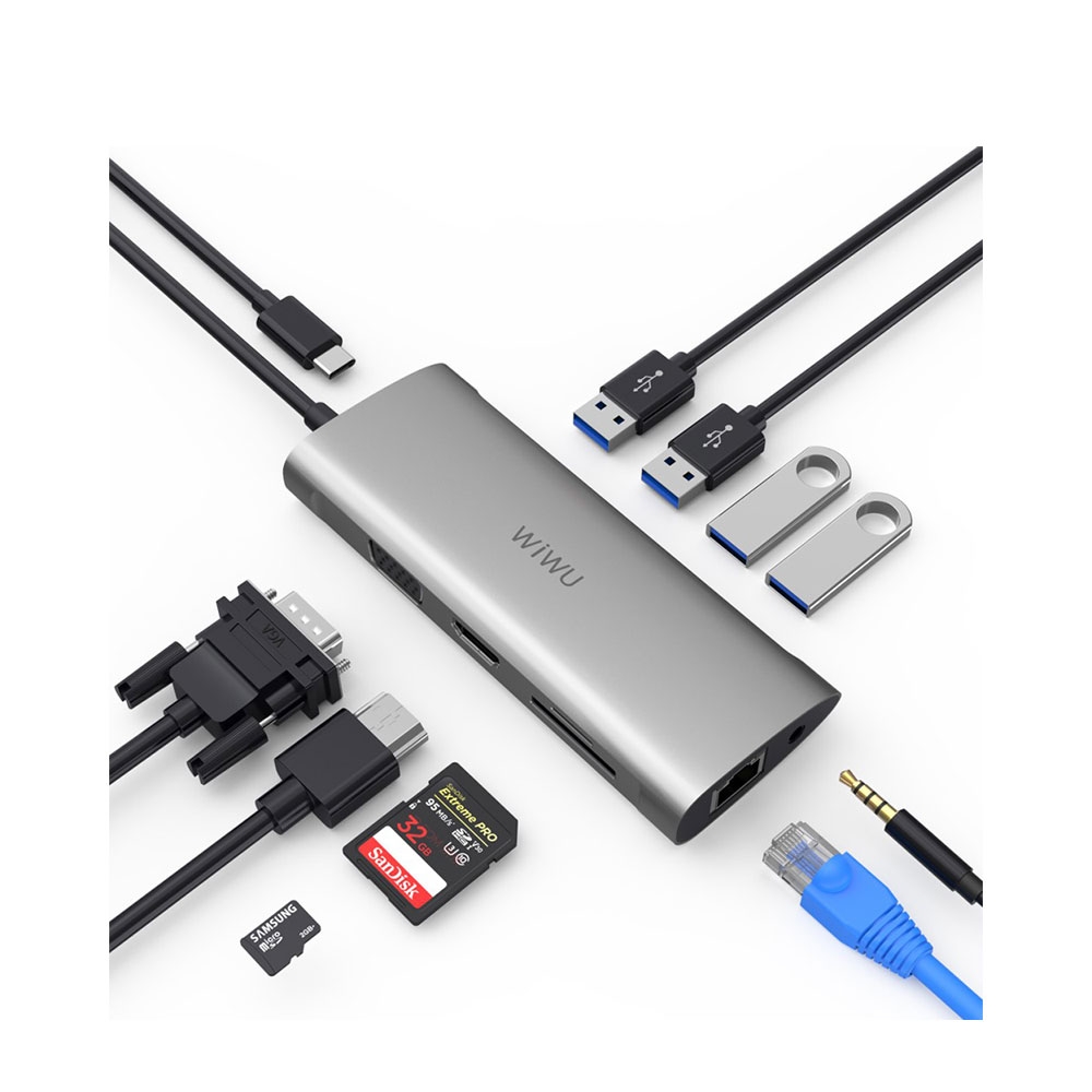 Image of Wiwu - USB C Multiport Adapter 3x USB 3.0 / 1x USB 2.0 / HDMI / VGA / Ethernet / 3.5mm Audio / SD/Micro-SD Kartenlesegerät - Grau bei Apfelkiste.ch