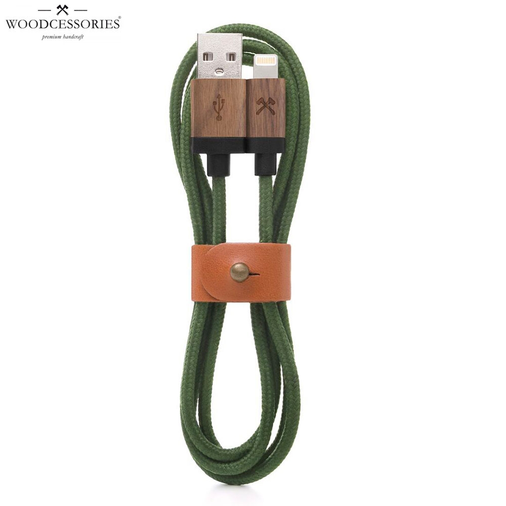 (1.2m) MFi Lightning EcoCable USB Ladekabel Datenkabel aus Holz + Nylon (ECO228) - Walnuss / Grün