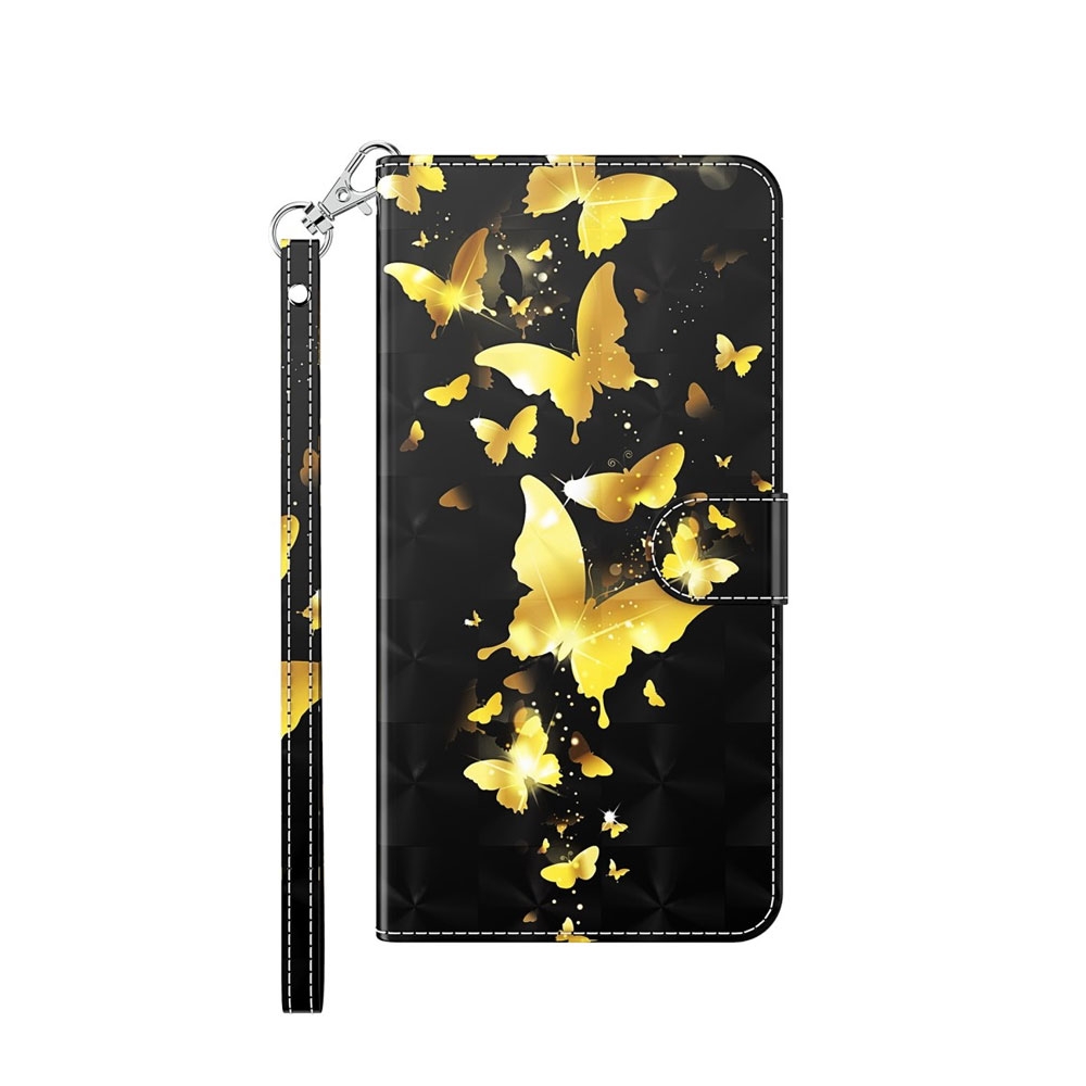 Image of Xiaomi Mi 10T Lite 5G Leder Tasche mit Kartenfach + Handschlaufe - Schmetterling (Schwarz / Gold) bei Apfelkiste.ch