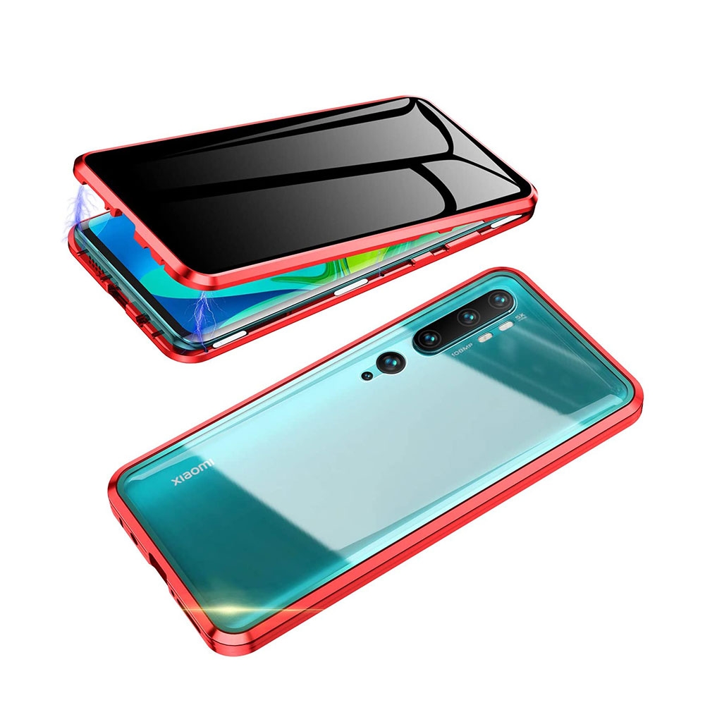 Xiaomi Mi Note 10 Pro / Note 10 Magnetische Alu Schutzhülle mit Panzer Glas Backcover + Privacy Displayschutz (Magnet-Technologie) - Rot