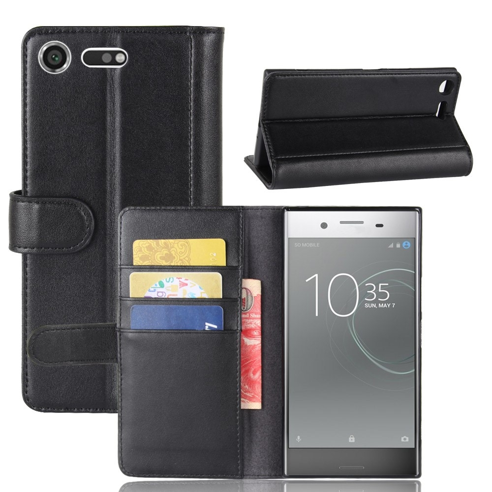 Image of Sony Xperia XZ Premium Echtleder Tasche Hülle Flip Cover mit Kartenfach - Schwarz bei Apfelkiste.ch