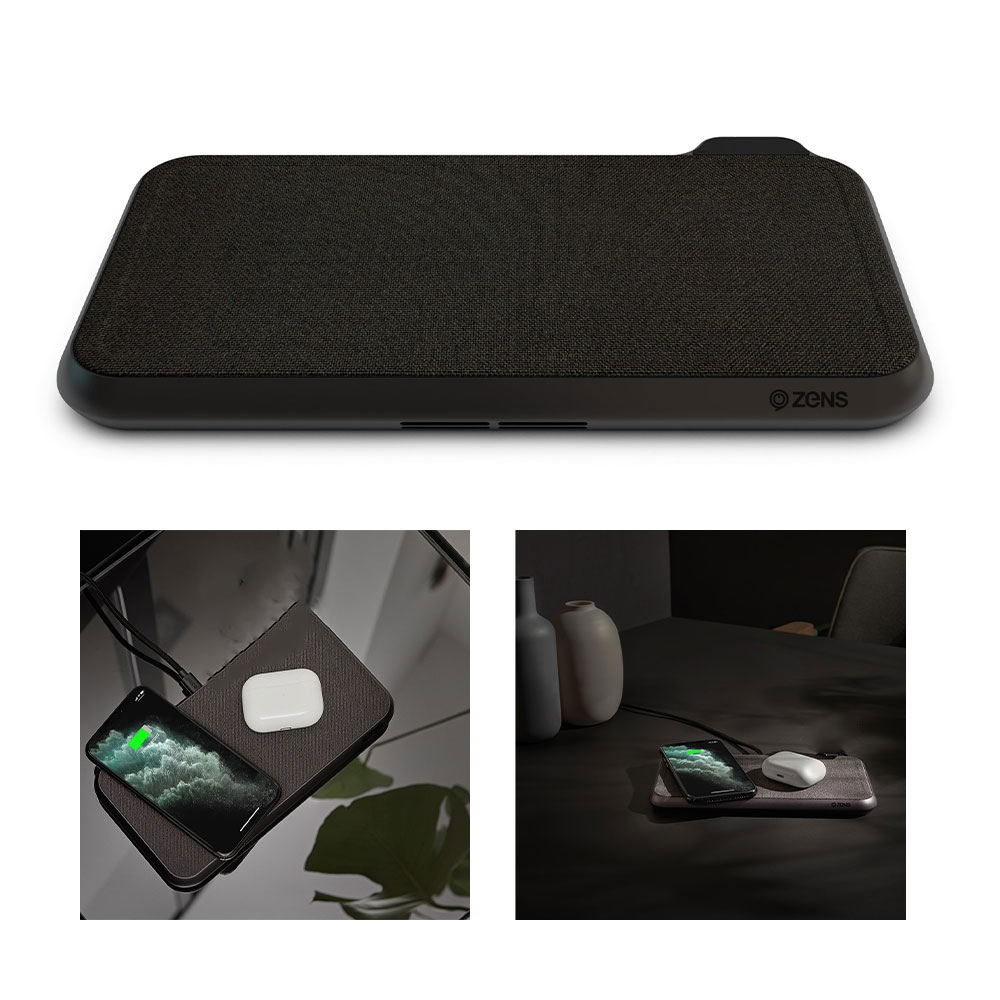 Image of Zens - (30W) Liberty Dual Qi Wireless Fast Charge 3-Fach Ladegerät Base Station + USB A Anschluss Kvadrat Textil Design (ZEDC08B/00) - Schwarz bei Apfelkiste.ch