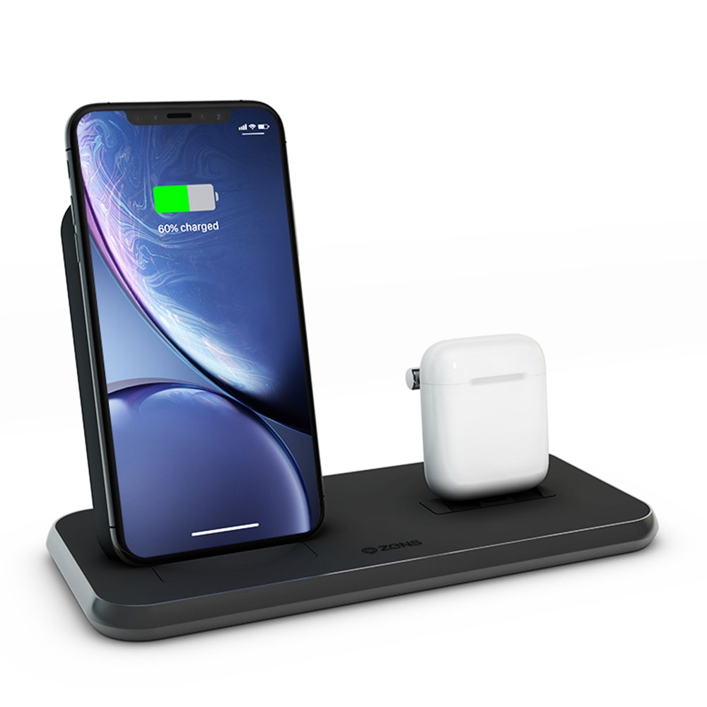 Image of Zens - (20W) Aluminium Qi Fast Charge MFi Dual Ladegerät Halterung Aufsteller (ZEDC06B/00) AirPods kompatibel + Netzteil - Schwarz bei Apfelkiste.ch
